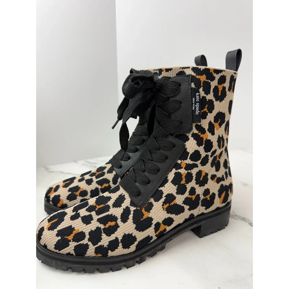 Kate Spade Merigue Knit Cheetah Print Leather Sock Combat New Sz 8B